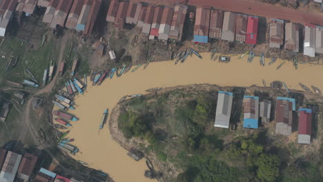 high bird’s eye view over muddy tonle sap river and village in cambodia