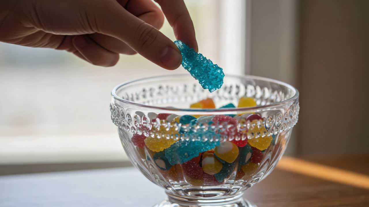 A Glorious Moment of Candy Delight: Hand Reaches to Grab a Vibrant Blue Gummy from a Bowl Filled with Colorful Jelly Treats