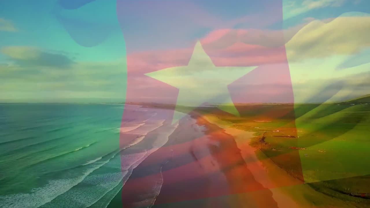 animación de la bandera de camerún ondeando sobre el paisaje marino