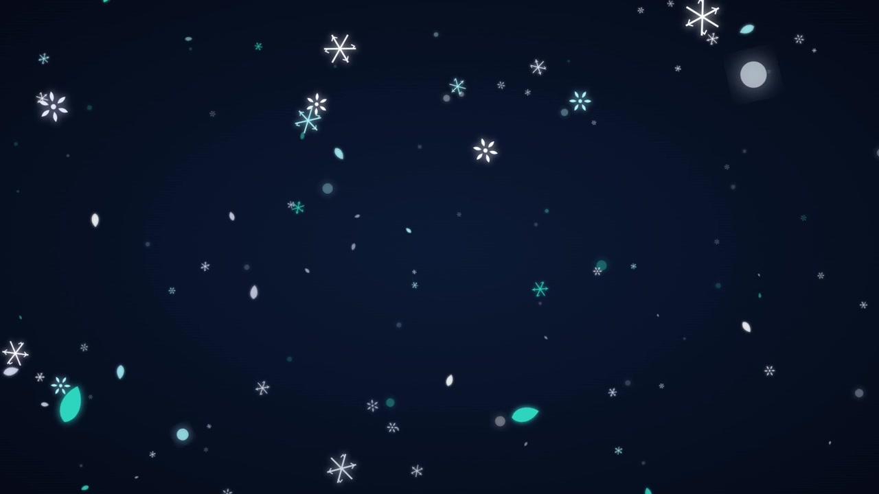 Animated Snowflakes and Teal Leaves Falling on Dark Background