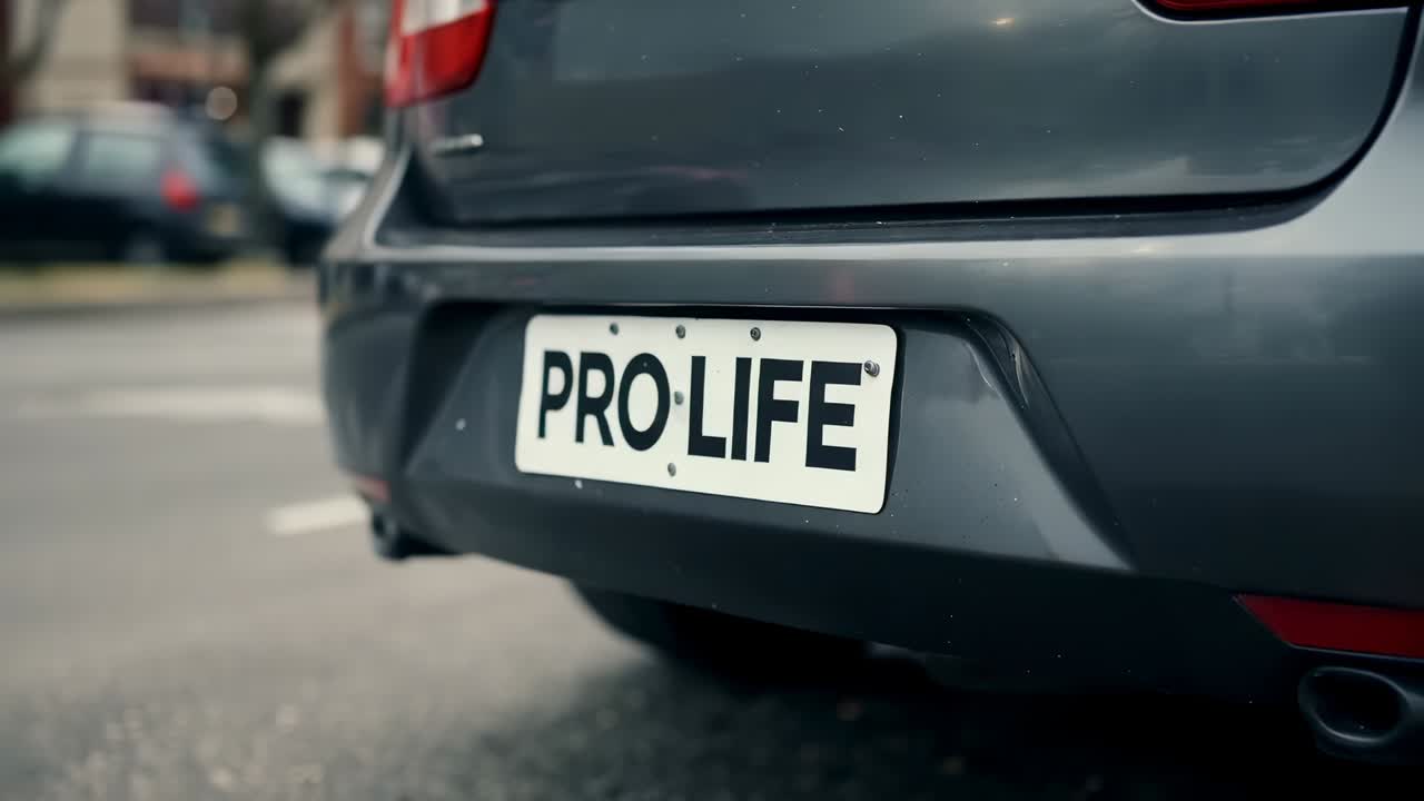 Inquadratura con obiettivo zoom della parte posteriore di una berlina grigia parcheggiata, con messa a fuoco per evidenziare la targa PRO·LIFE