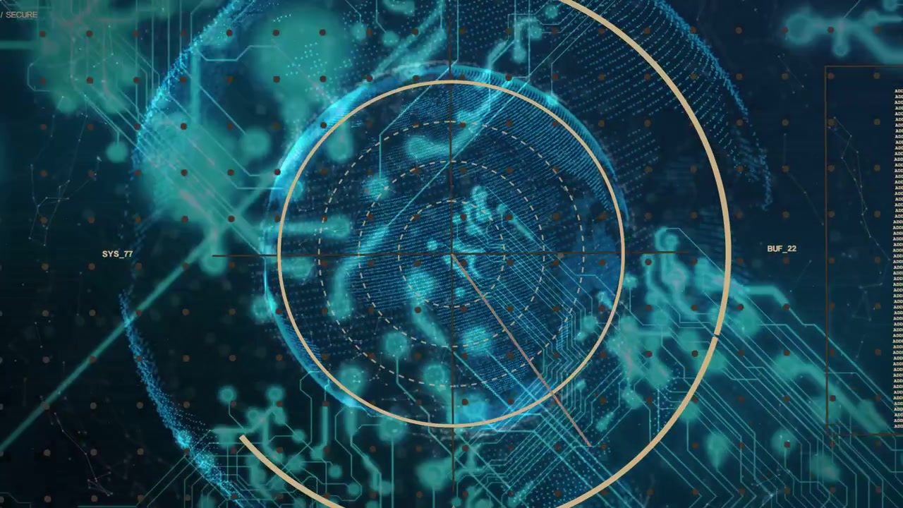 Holo globe ring pulsing, gold arc rotating and scanner sweeping, nodes pulsing, showing data flow