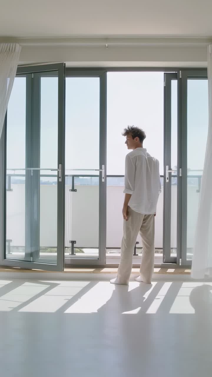 Video verticale: Uomo in camicia bianca che, mettendo la mano, apre le porte a vetri a casa, tirando la tenda per far entrare la luce.