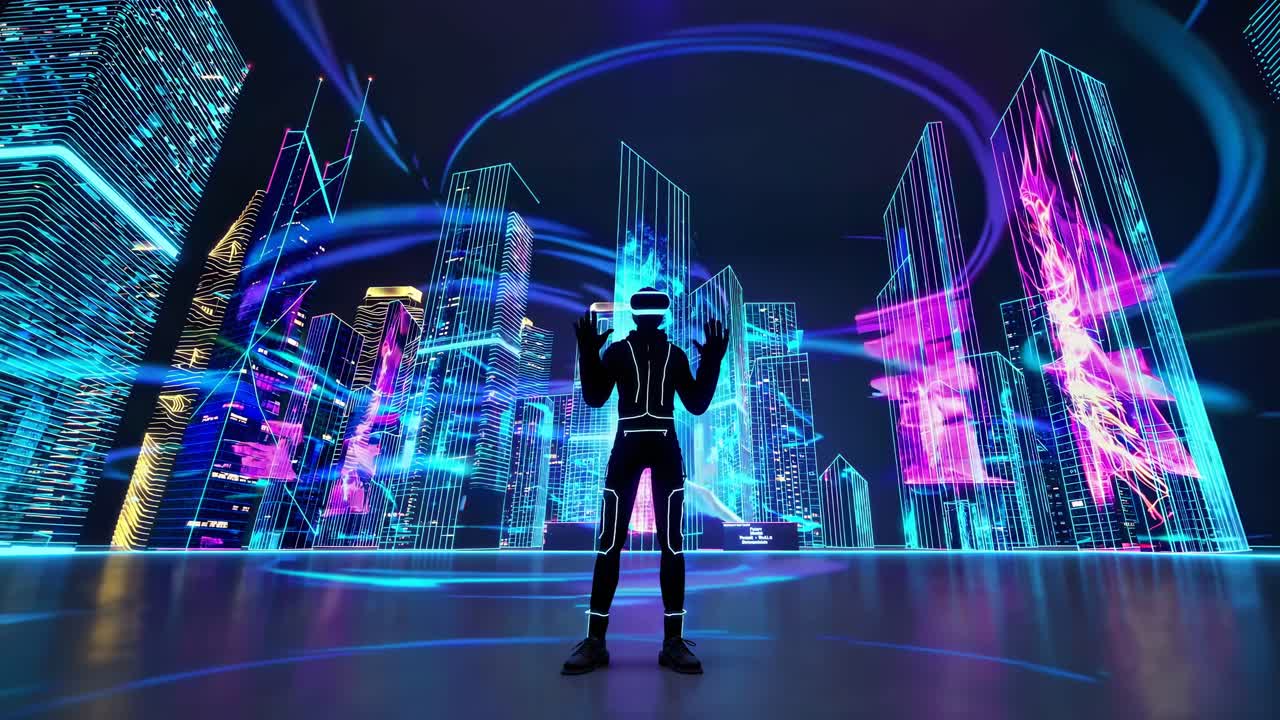 Concetto video futuristico con una vista dal basso di una persona con visore VR, circondata da luci al neon.