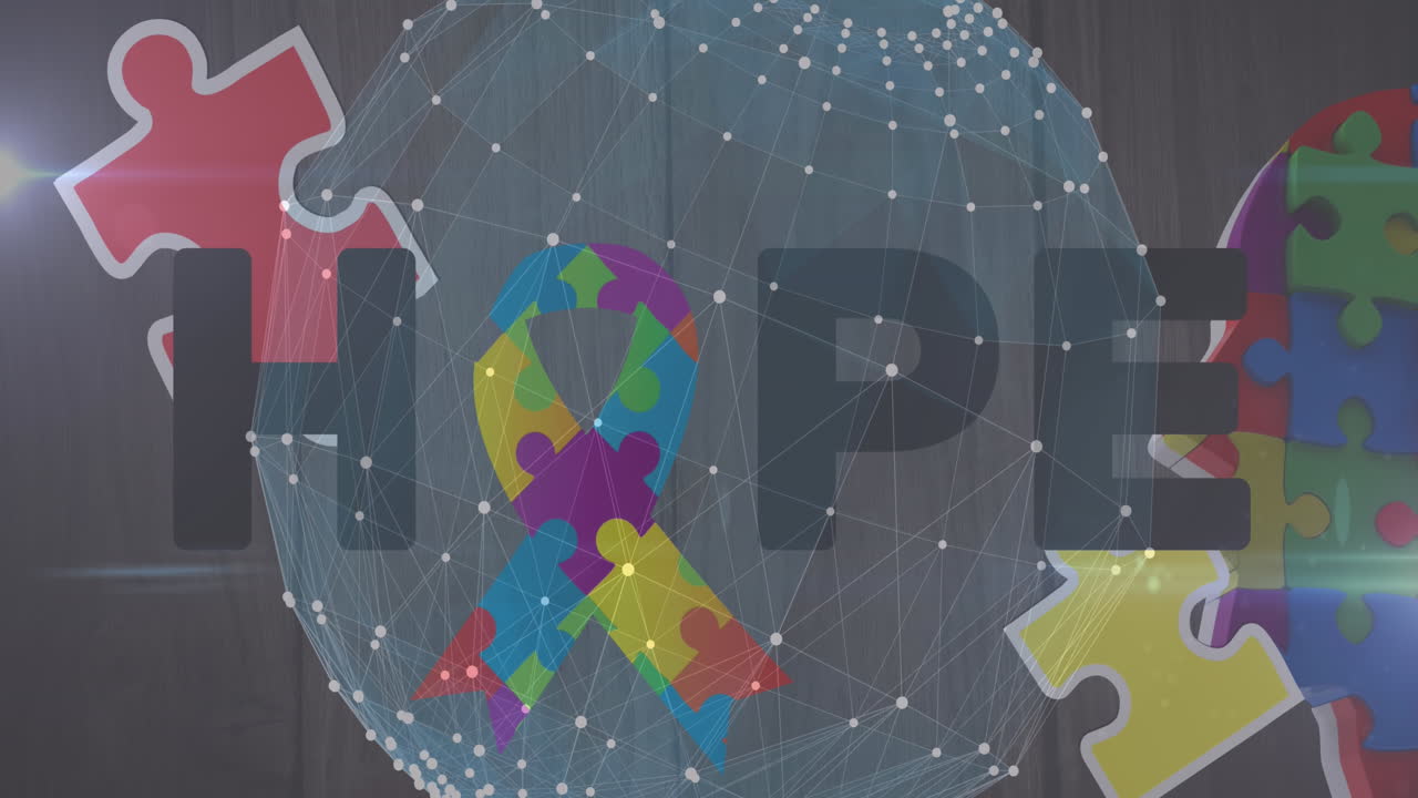 animación de piezas de rompecabezas coloridas, globo y texto de esperanza