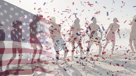 animation of american flag waving with confetti over friends dancing on beach