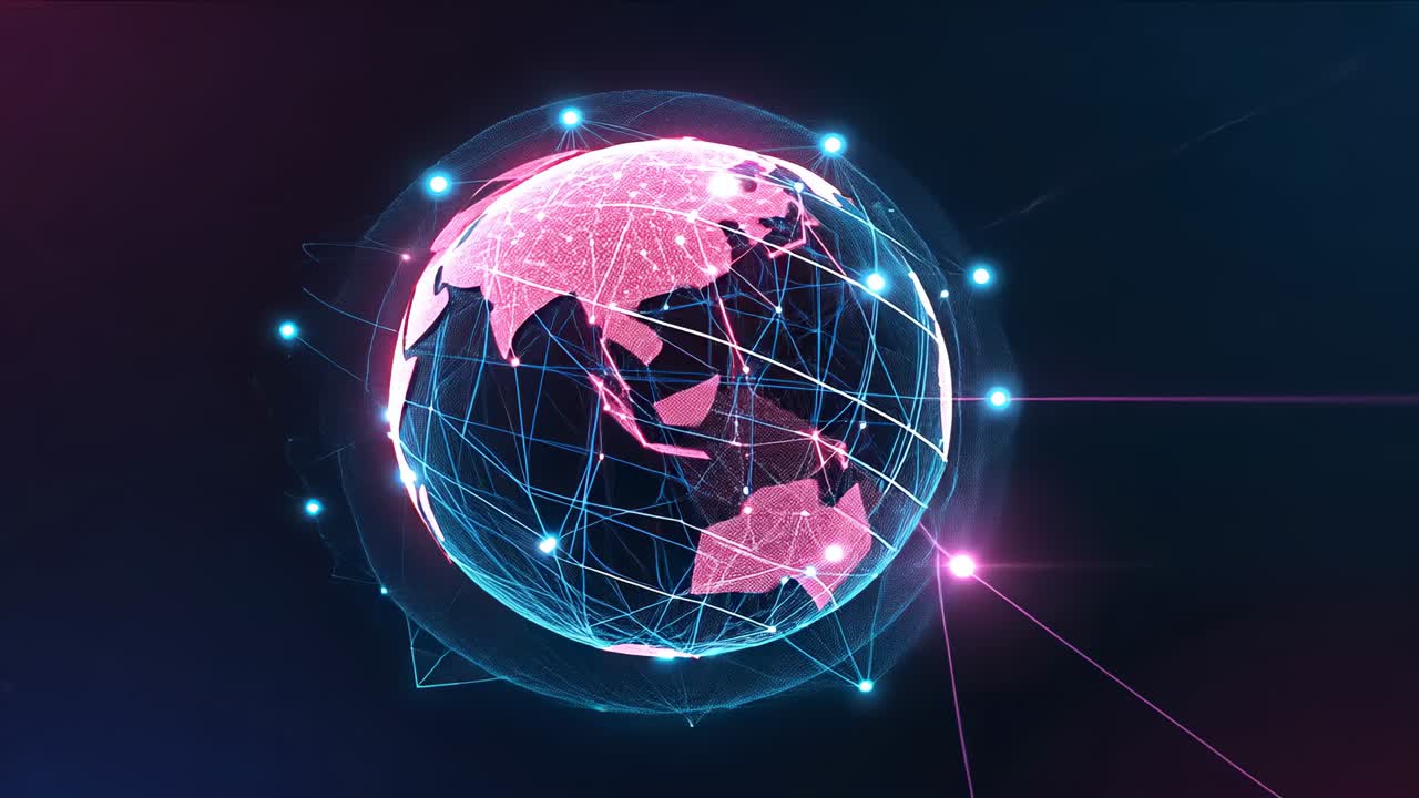 Opening digital globe slowly rotating against purple backdrop, with pink mesh, glowing nodes