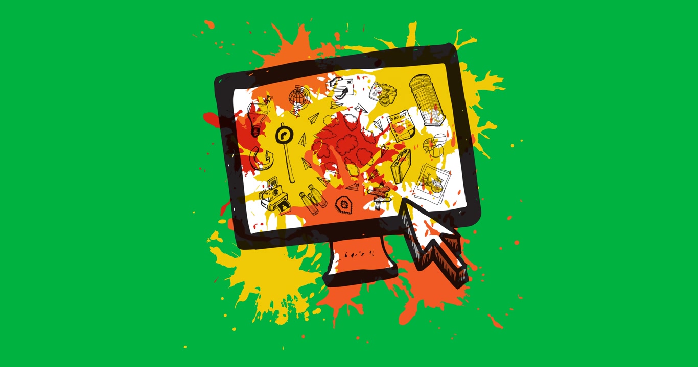 Digital animation of multiple business concept icons over paint splash against black background