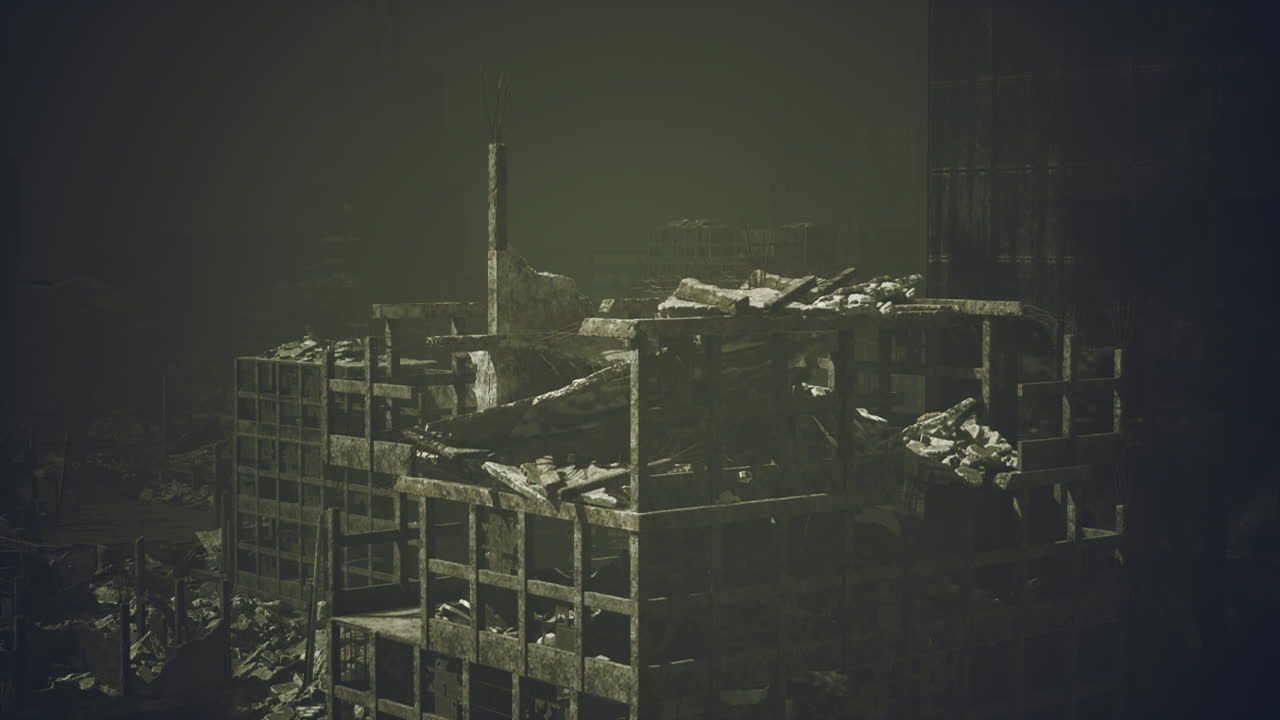 Ruins of a once vibrant building in a desolate urban landscape at dusk