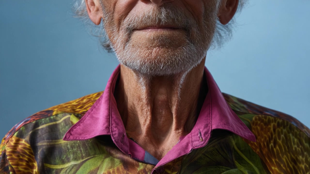 Un ritratto ravvicinato di un uomo anziano con un'espressione pensierosa, che indossa una camicia vivace e colorata con motivi floreali su uno sfondo neutro e delicato.