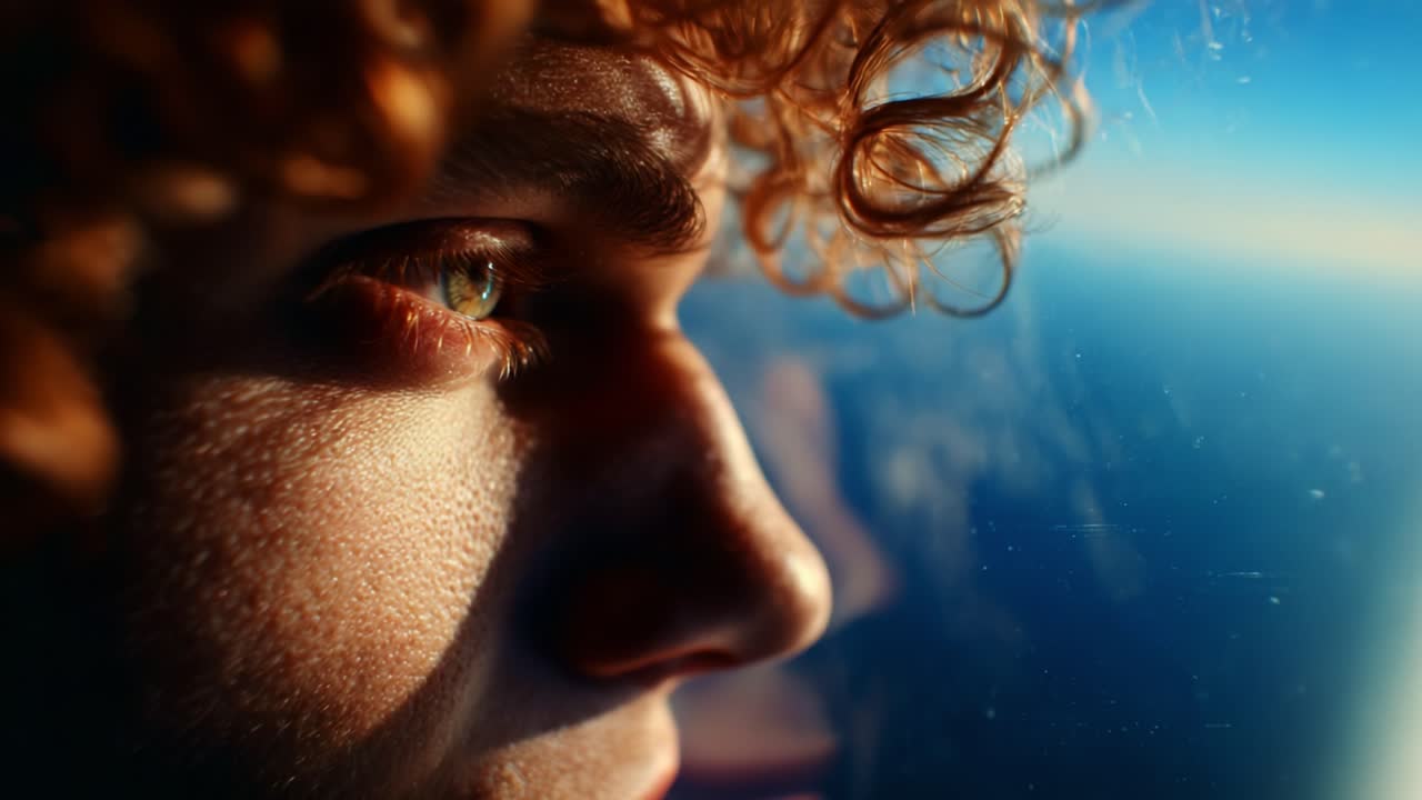 A contemplative moment captured as a young individual gazes out of an airplane window, reflecting on life and dreams amidst a serene sky backdrop