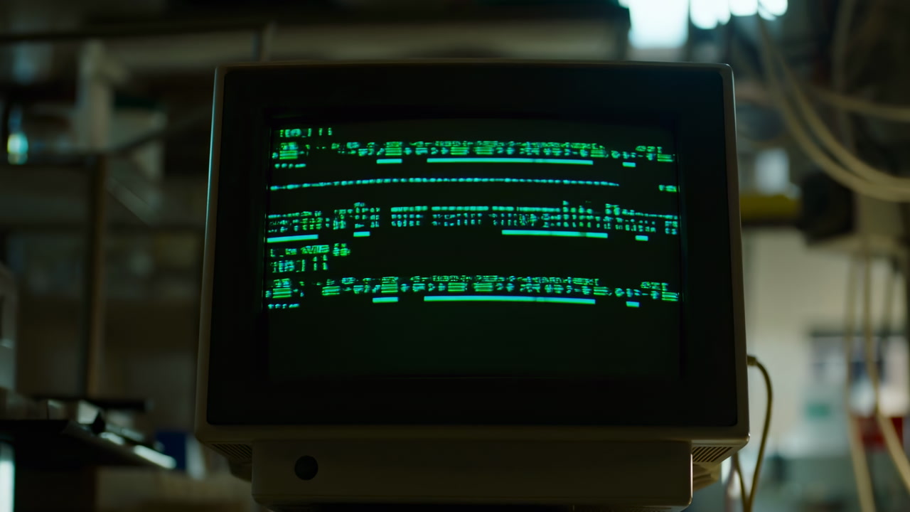 Green Code On CRT Monitor Scrolling Retro Terminal In Dim Industrial Lab, Tangled Cables And Vintage Hardware,