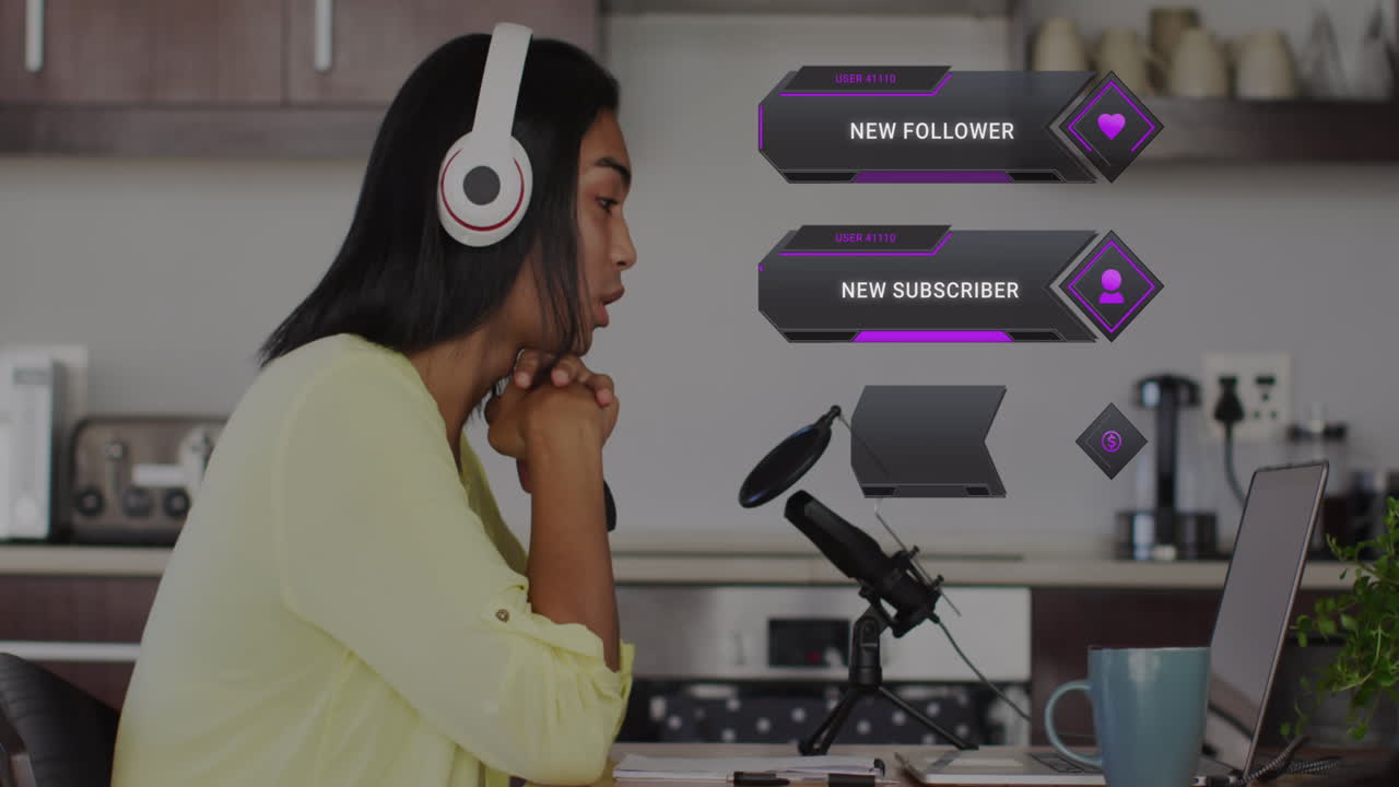 Animation of social media data and icons over biracial woman on makeup vlog