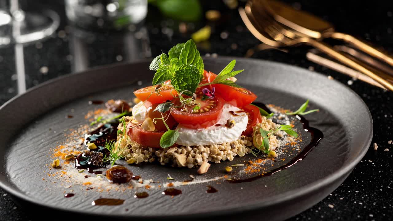 Quinoa, tomatoes, and goat cheese salad artfully arranged with a rich balsamic vinegar reduction, offering a refined and sophisticated culinary experience perfect for any fine dining occasion
