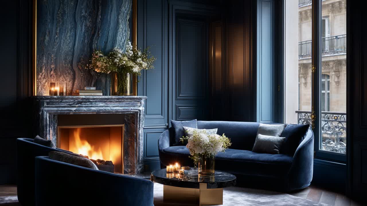 Elegant Living Room with Dark Blue Walls, Cozy Fireplace, Luxurious Sofa, and Chic Decor Featuring Flowers, Creating a Warm and Inviting Atmosphere to Relax and Unwind in Style