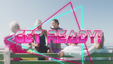 animation of text get ready, in shiny pink, over women talking on beach