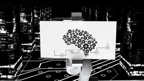 Robot arm shows diagram on white and black background
