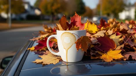 a cozy autumn scene: a coffee mug surrounded by vibrant fall leaves and a clear blue sky capturing the essence of seasonal change