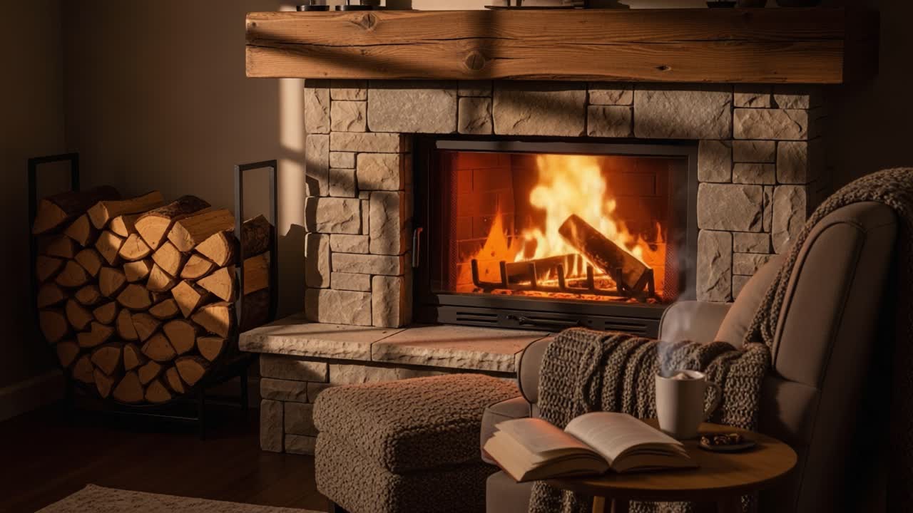 Cozy Interior Scene Featuring a Warm Fireplace with Flickering Flames, Stylish Furniture, and a Stack of Logs, Perfect for a Relaxing Evening at Home