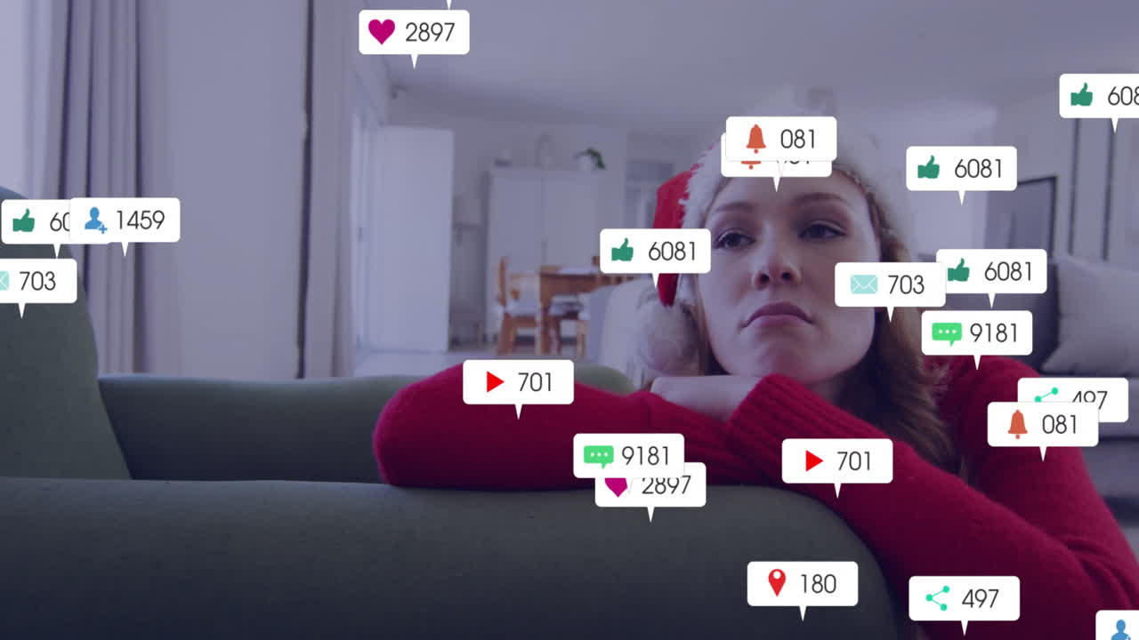 In festive attire, woman at home surrounded by animation of social media icons