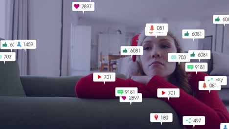 in festive attire, woman at home surrounded by animation of social media icons