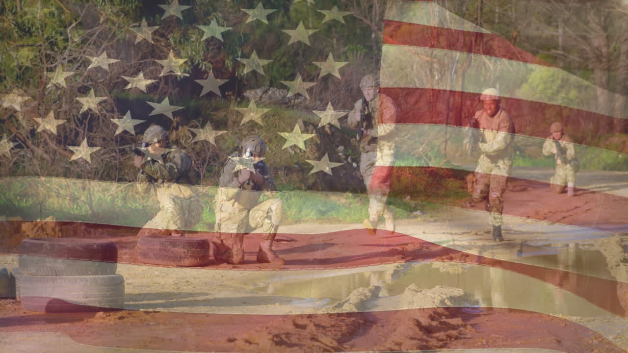 American flag overlay on soldiers in action, symbolizing patriotism and duty