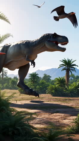 tyrannosaurus rex in a prehistoric jungle with flying birds