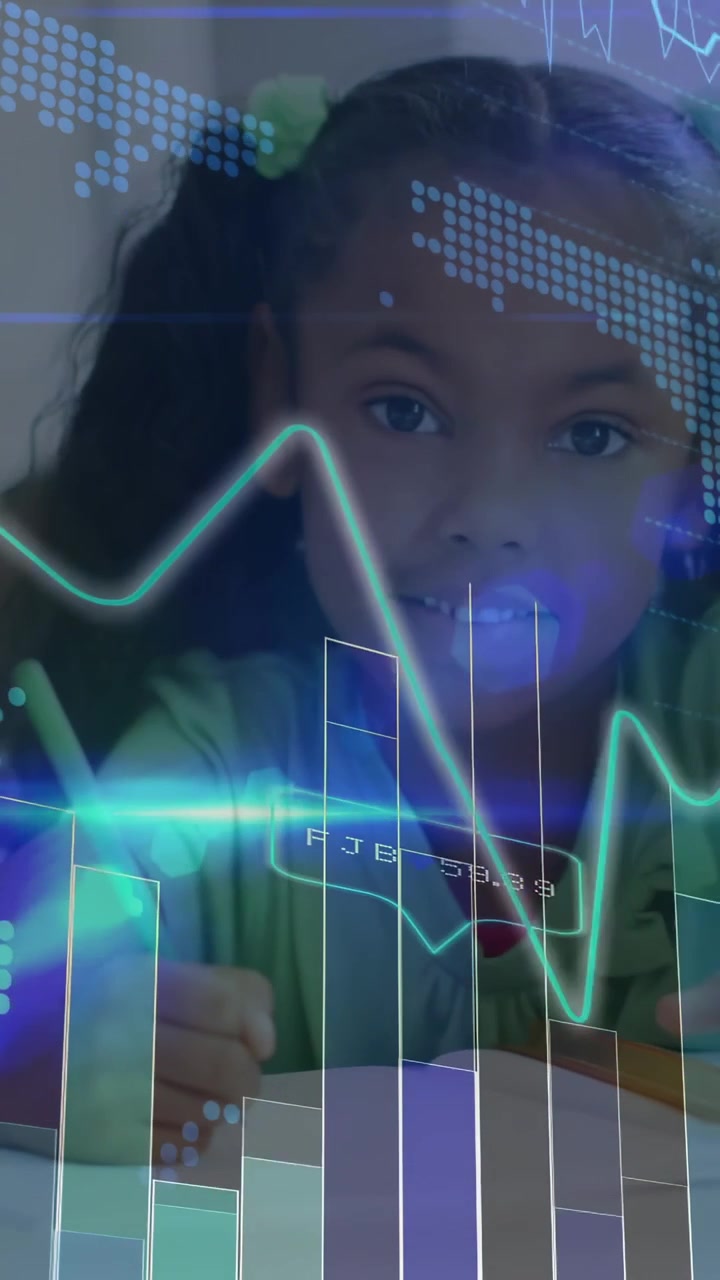 Vertical video: Animated overlay appearing, child writing pausing and looking up to study data