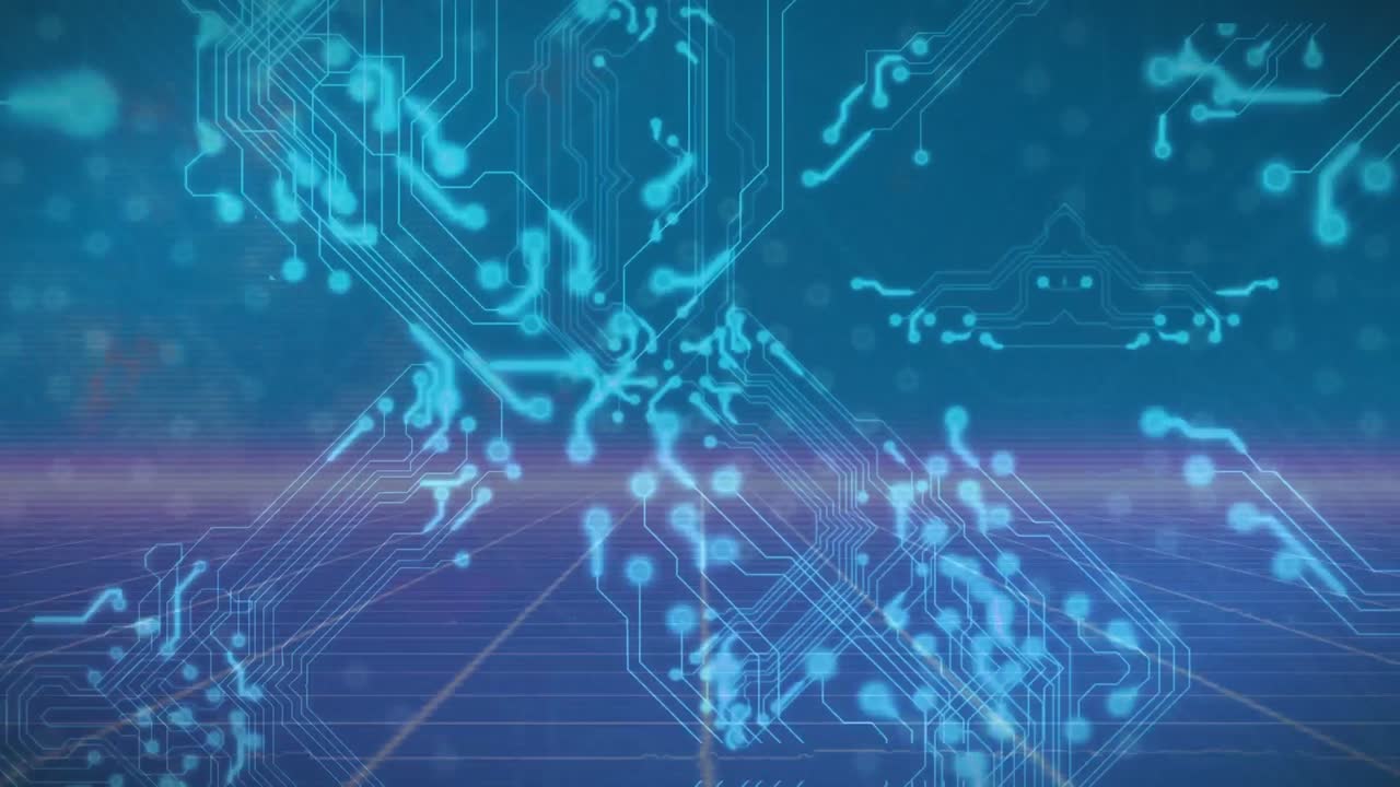 파란색 배경에 대한 그리드 네트워크를 통해 마이크로프로세서 연결에 대한 빛의 흔적의 애니메이션