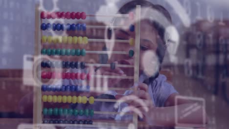 Animation-of-a-girl-using-an-abacus-over-statistics-showing-in-the-background