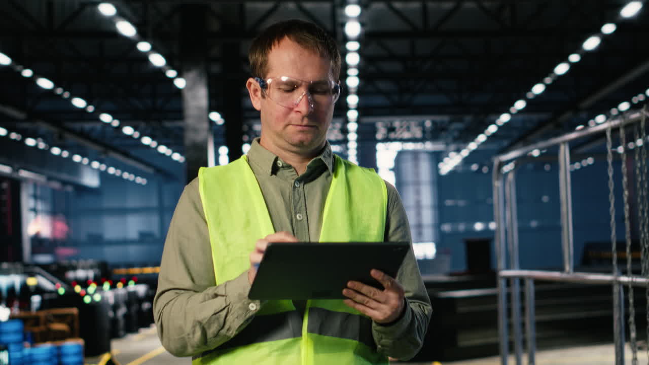 Worker in a manufacturing facility manages heavy machinery activity on tablet
