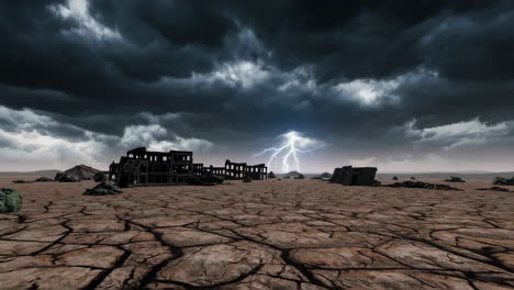 desolate ruins under a stormy sky