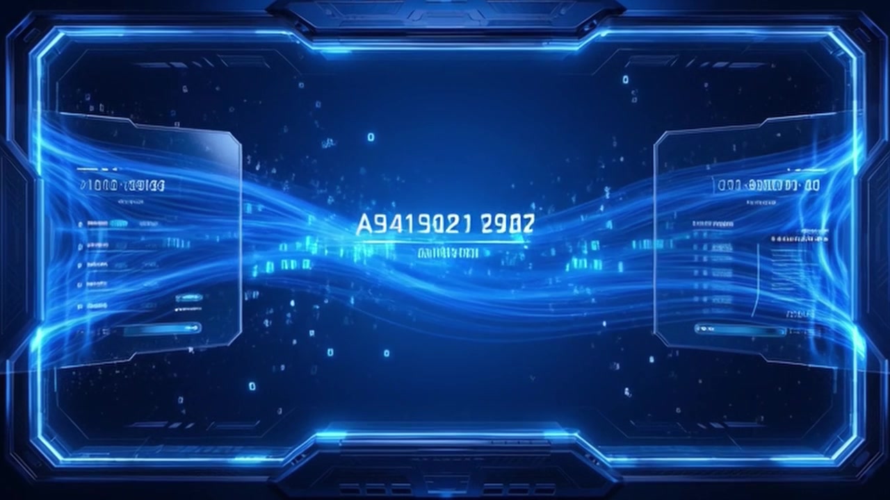 Futuristic Digital Interface with Glowing Blue Data Streams and HUD Elements