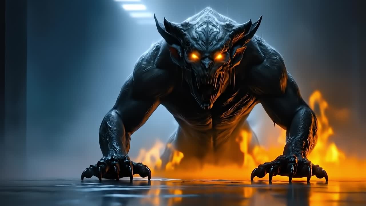 A demonic creature with glowing eyes standing in front of a fire