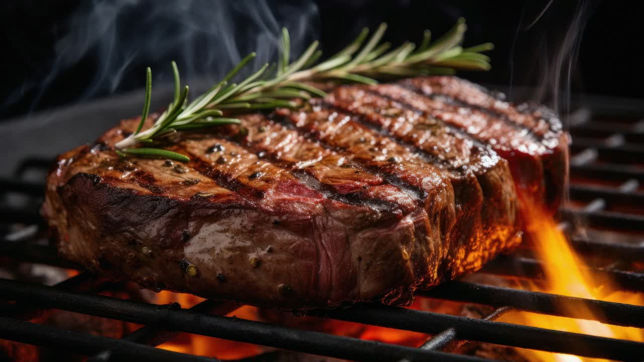 Close-up video angle of a sizzling grilled steak with rosemary on top, capturing the juicy texture