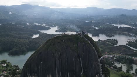 aerial view from a drone of la piedra del penol and the guatape reservoir near medellin, antioquia, colombia