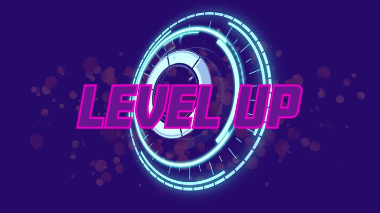 Animation of level up text over scope scanning and spots on blue background