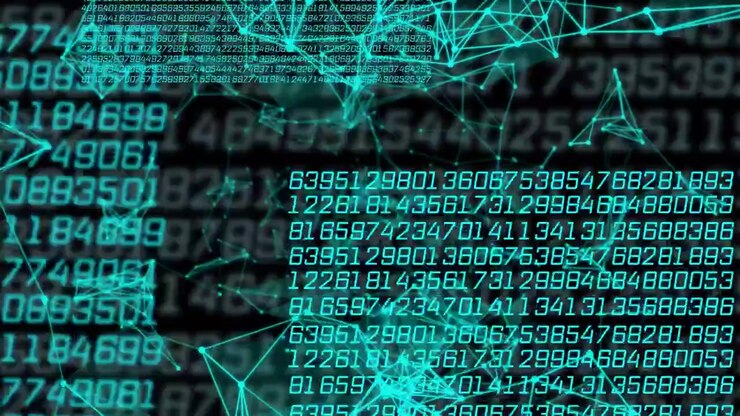 Griglie numeriche che scorrono all'interno, avviando una rete color verde acqua che si sposta e si rimodella, mostrando dati su un campo sfocato.