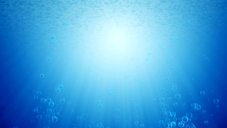 animación de bucle sin fisuras ondas azules del océano desde debajo del agua con burbujas. rayos de haz de luz brillando a través.