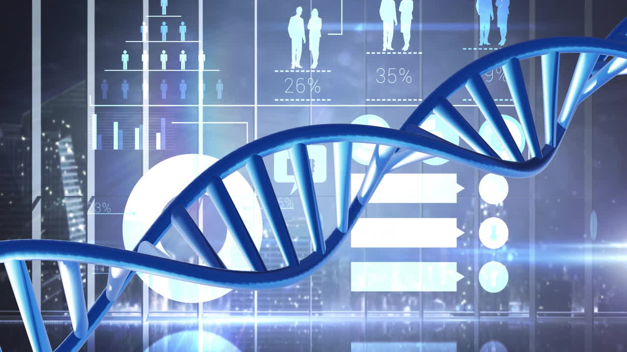 Animation of dna strand spinning over data processing on blue background