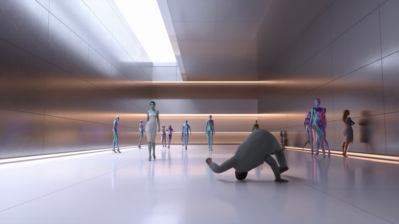 A Man Among Futuristic Humanoids in a Modern Dystopian Hall