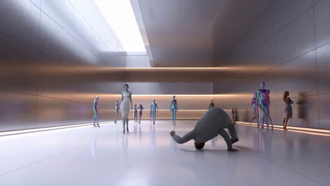 a man among futuristic humanoids in a modern dystopian hall
