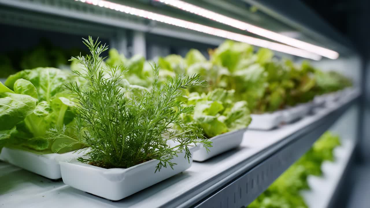 Esposizione di giardino idroponico: lattuga vivace ed erbe fresche che reiterano la crescita in un ambiente di agricoltura verticale indoor sotto illuminazione a LED