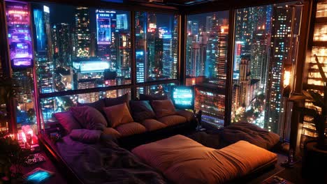 modern city loft living room at night