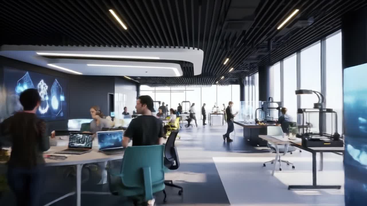 Innovative Modern Office Space Featuring Collaborative Workstations, High-Tech Equipment, and Open Windows for Natural Light in a Dynamic Professional Environment