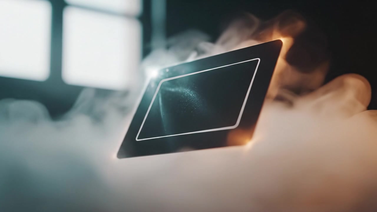 Una imagen cautivadora de un dispositivo elegante emergiendo del humo, destacando su pantalla luminosa rodeada por una atmósfera etérea llena de misterio y tecnología.