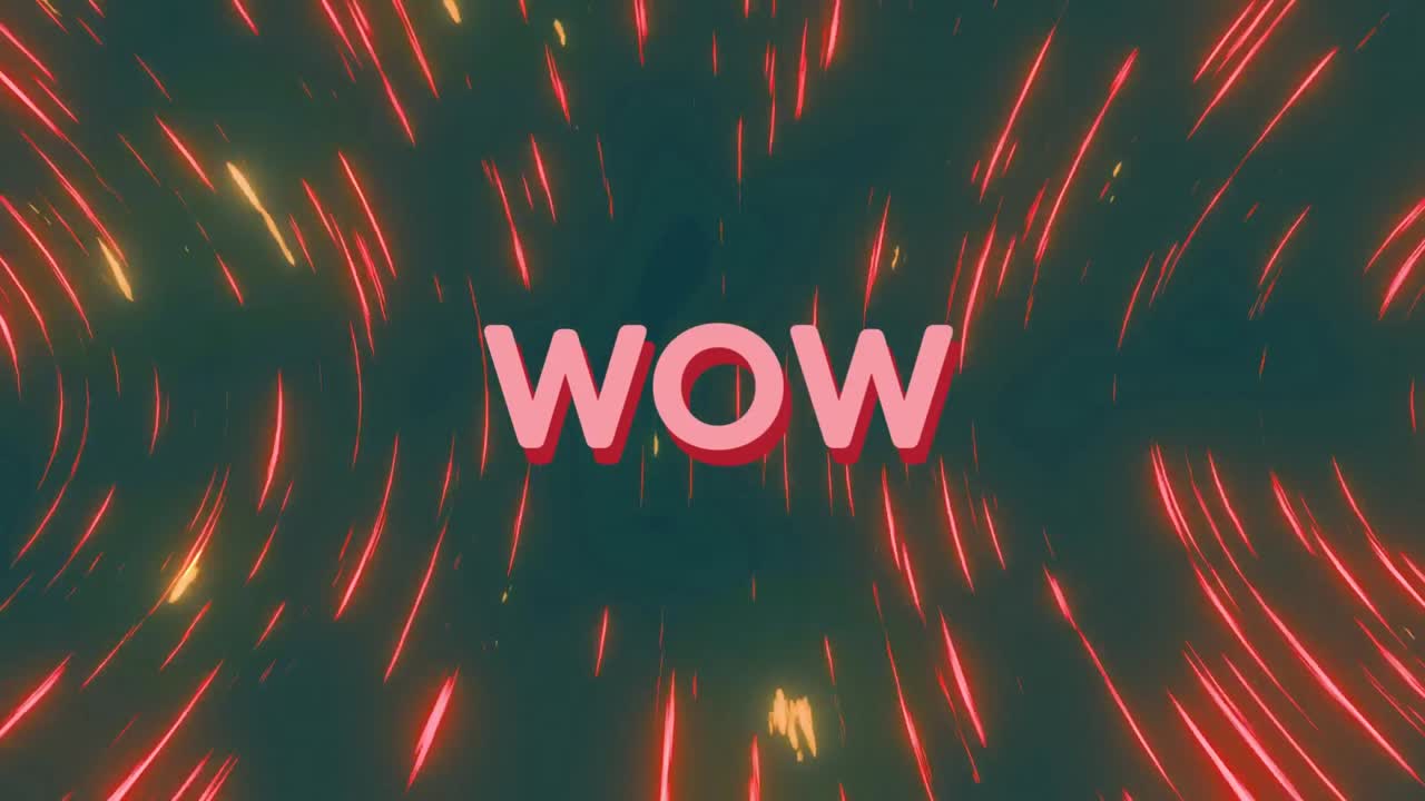 회색 배경에 빨간색과 노란색 빛 트레일에 대한 와우 텍스트의 디지털 애니메이션