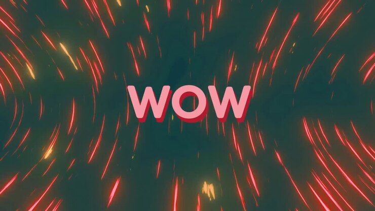 Digital animation af teksten 'wow' mod røde og gule lysspor på grå baggrund.