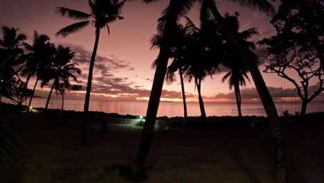 beach timelapse of beach with coconut trees turns into red sunset fiji