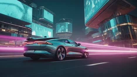 futuristic car driving through a neon-lit cyberpunk city at night